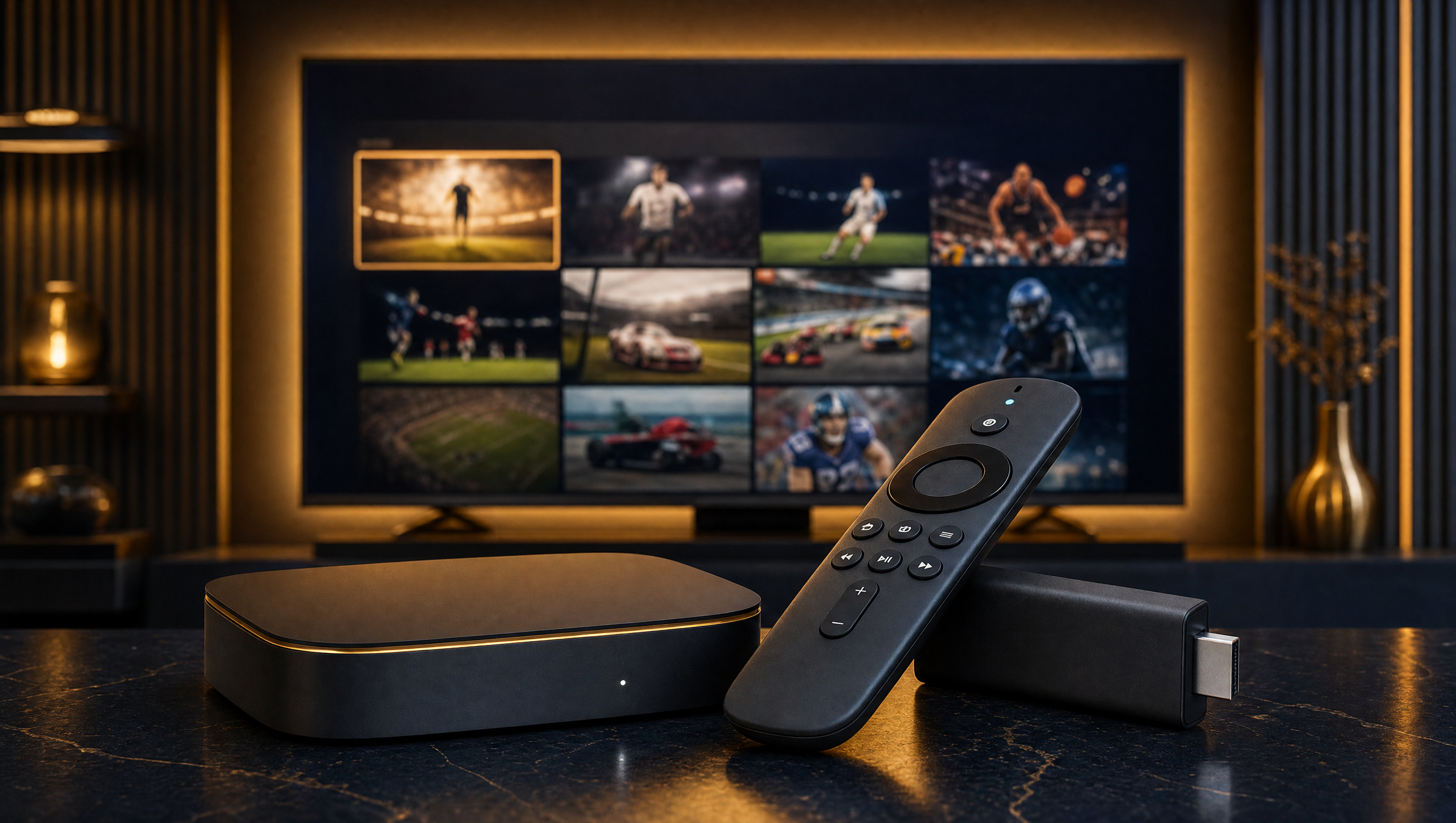 Interface TiviMate configurée avec Strong 4K sur un téléviseur Android TV et un Fire TV Stick